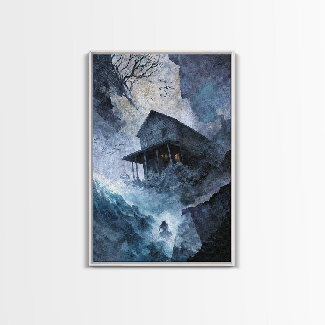 The Last House At The World'S Edge, Expressionist Gothic Art, Vertical Wall Art, Gothic Horror Wall Art, Framed Canvas Print