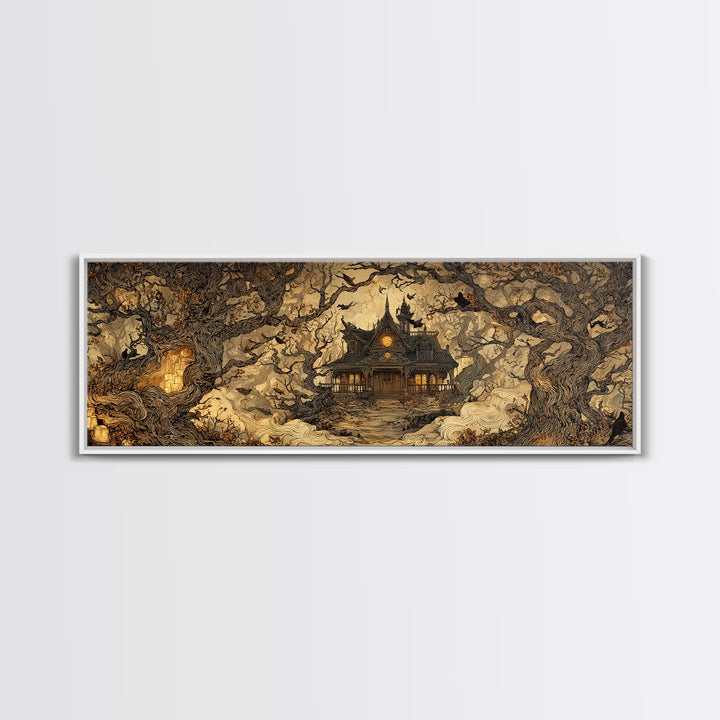 The Last House At The World'S Edge, Gothic Storybook Art, Extra Wide Wall Art, Gothic Horror Wall Art, Framed Canvas Print