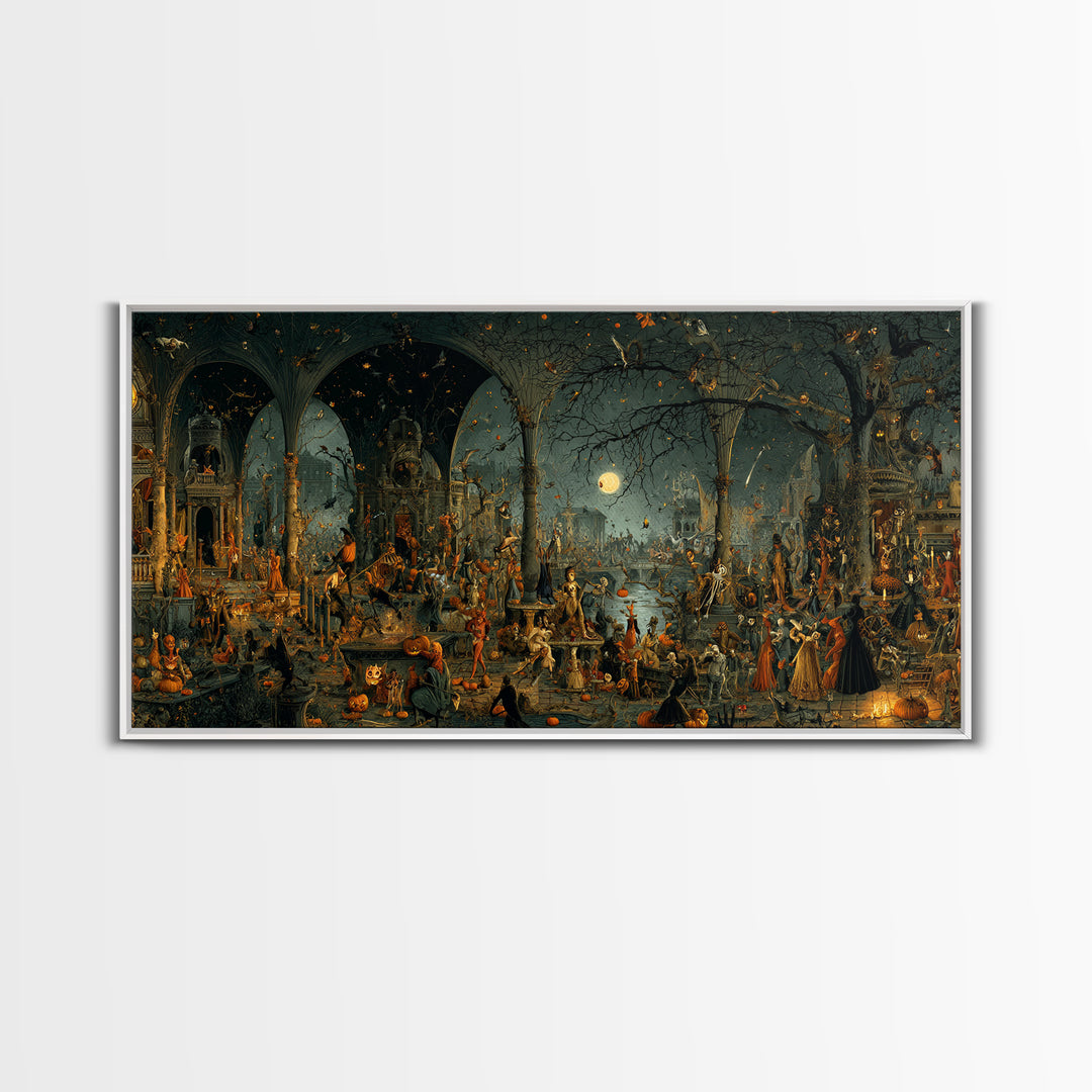 Halloween On Another Planet, Medieval Grotesque Art, Wide Panoramic Art, Gothic Horror Wall Art, Framed Canvas Print
