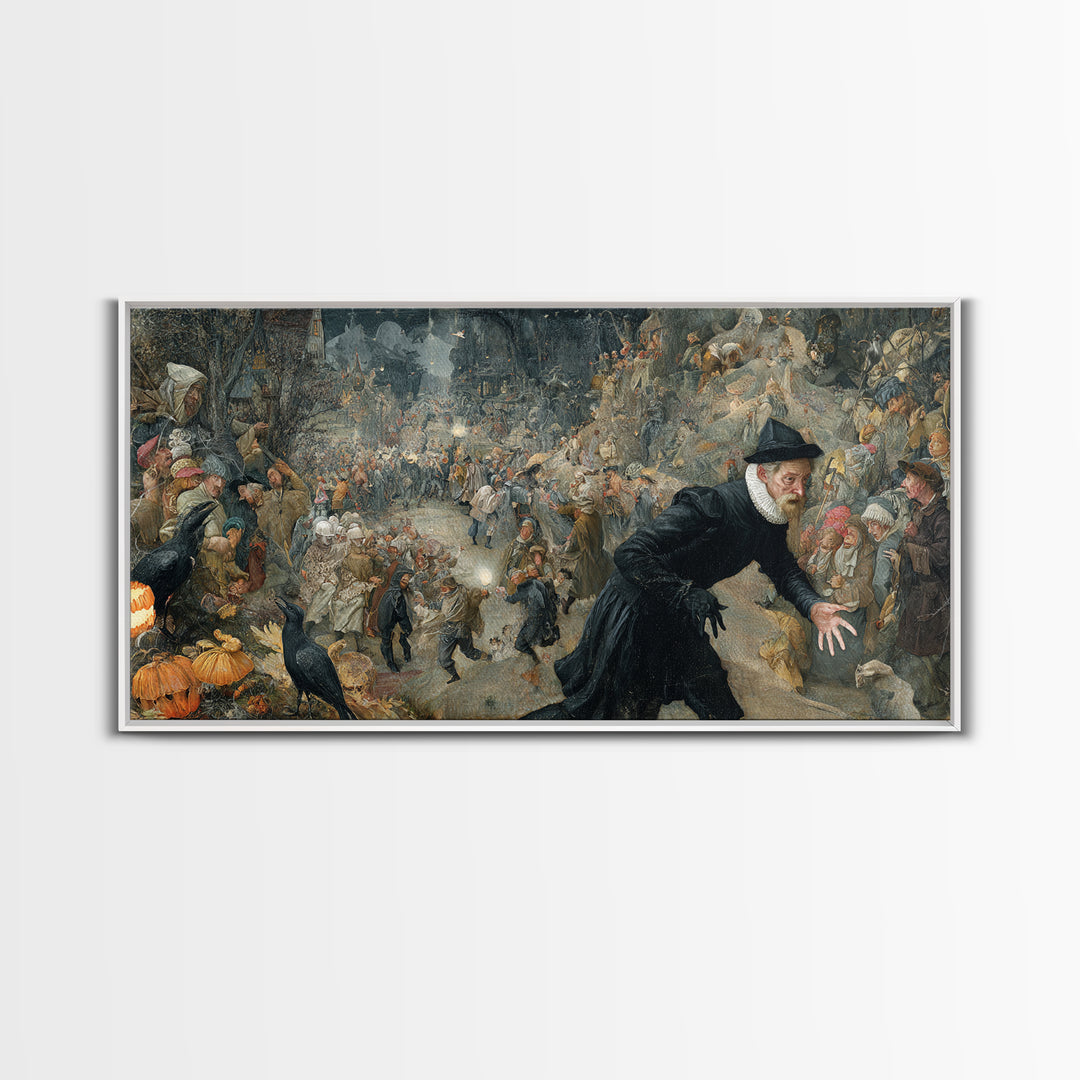 Halloween On Another Planet, Northern Renaissance Horror, Wide Panoramic Art, Gothic Horror Wall Art, Framed Canvas Print