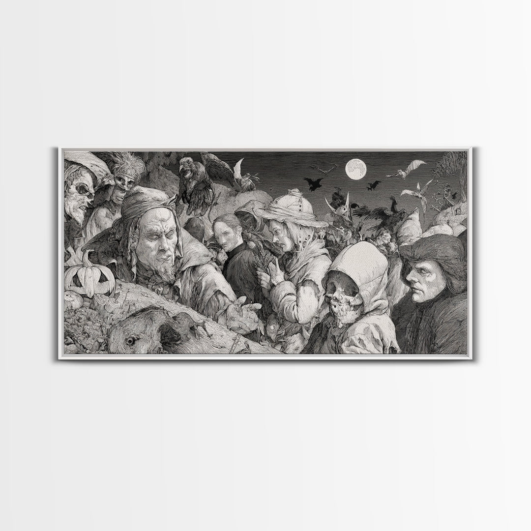 Halloween On Another Planet, Renaissance Engraving Art, Wide Panoramic Art, Dark Fantasy Wall Art, Framed Canvas Print, Halloween Wall Art