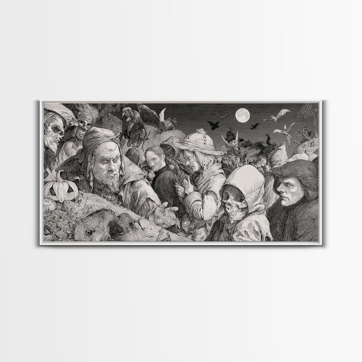Halloween On Another Planet, Renaissance Engraving Art, Wide Panoramic Art, Dark Fantasy Wall Art, Framed Canvas Print, Halloween Wall Art