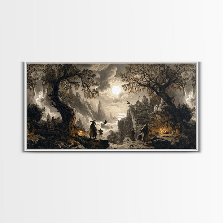 Halloween On Another Planet, Baroque Witchcraft Art, Wide Panoramic Art, Gothic Horror Wall Art, Framed Canvas Print, Halloween Wall Art