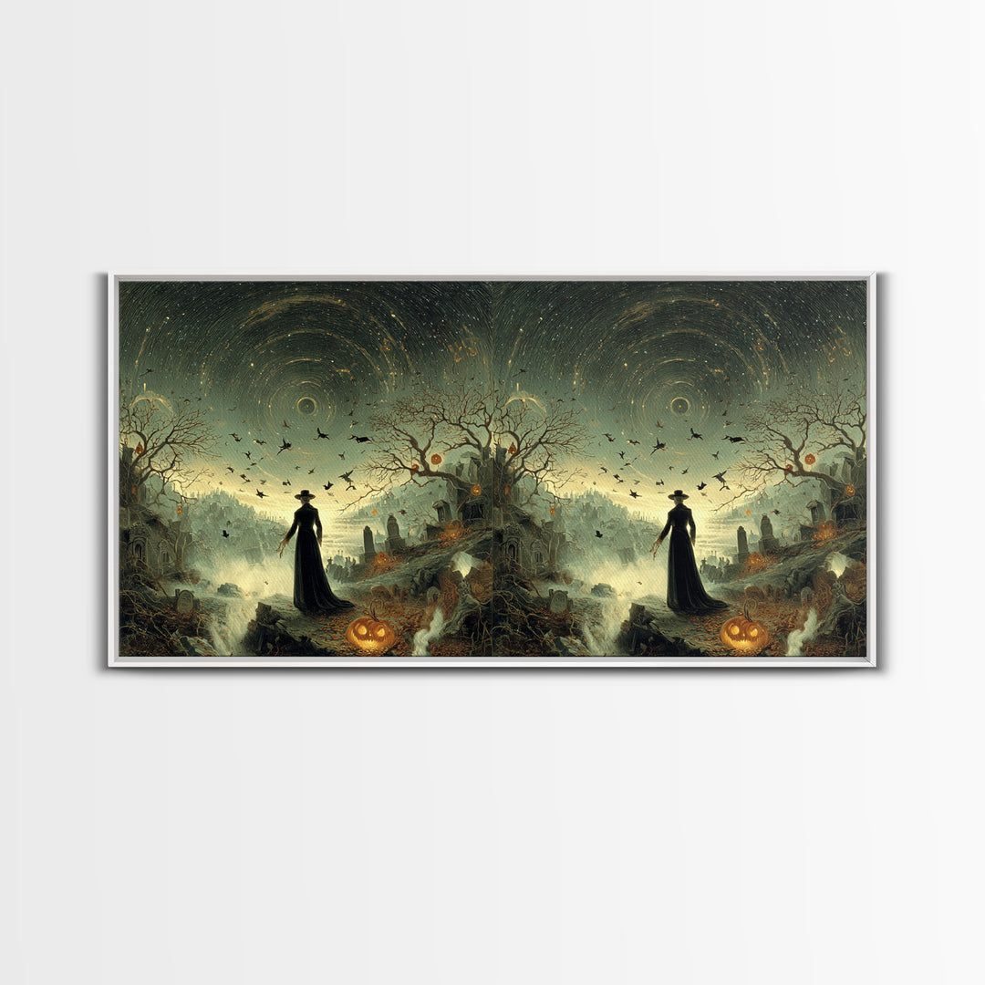 Halloween On Another Planet, Romantic Gothic Landscape, Wide Panoramic Art, Dark Fantasy Wall Art, Framed Canvas Print
