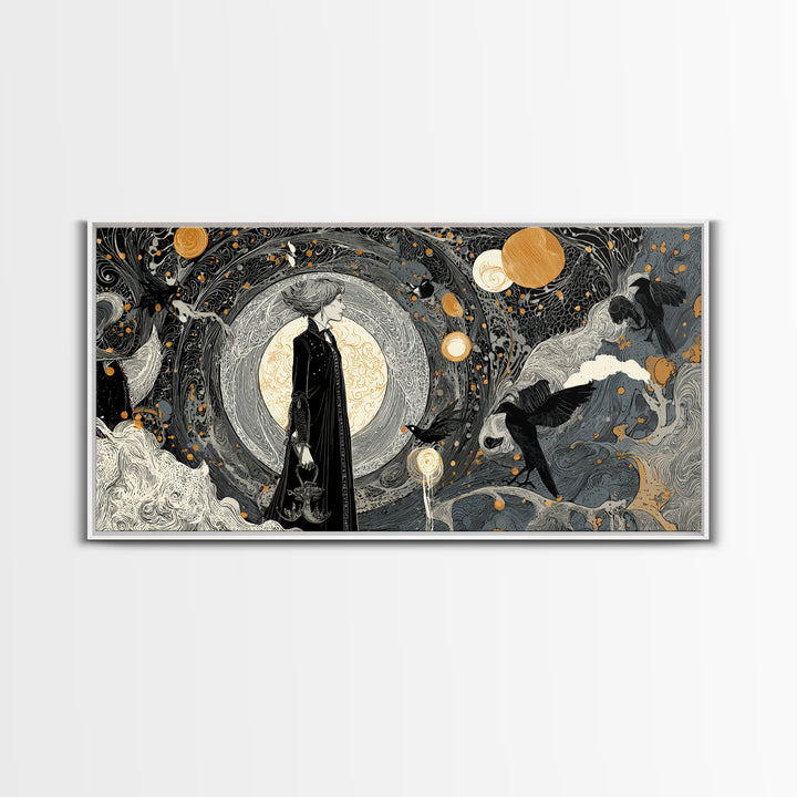 Halloween On Another Planet, Decadent Line Art, Wide Panoramic Art, Gothic Horror Wall Art, Canvas Print, Halloween Wall Art