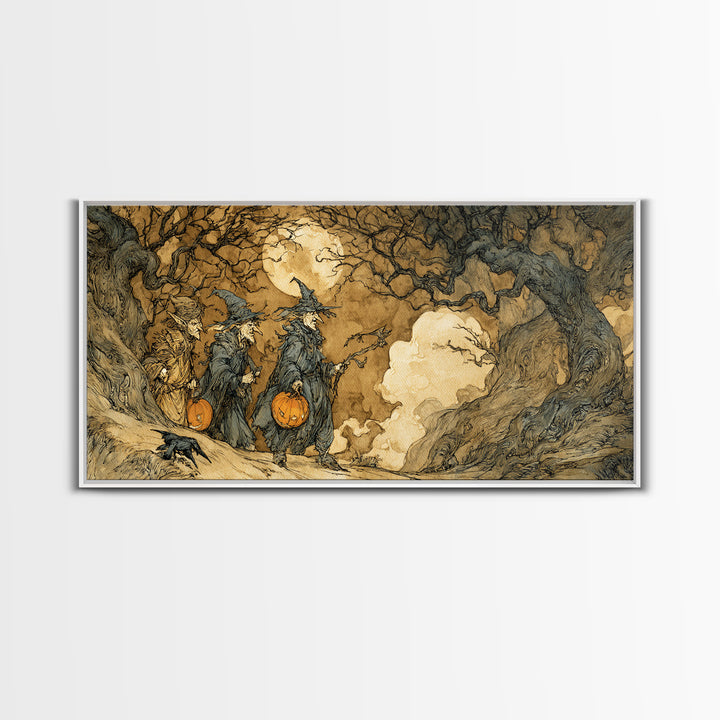 Halloween On Another Planet, Gothic Storybook Art, Wide Panoramic Art, Macabre Wall Art, Canvas Print, Halloween Wall Art
