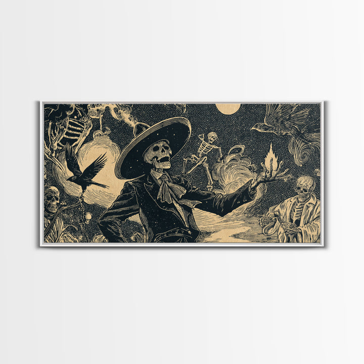 Halloween On Another Planet, Macabre Folk Print Art, Wide Panoramic Art, Gothic Horror Wall Art, Canvas Print