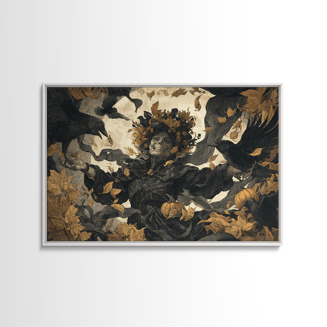 The Personification Of October, Macabre Folk Print Art, Landscape Wall Art, Dark Halloween Decor, Framed Canvas Print