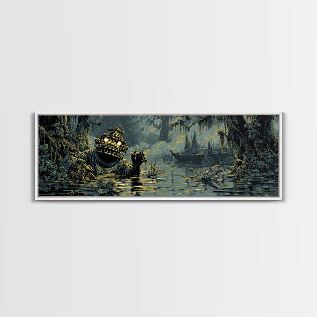 The Creature Of Lantern Lagoon, Gothic Engraving Art, Extra Wide Wall Art, Dark Halloween Decor, Framed Canvas Print