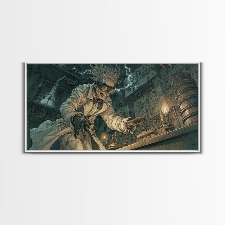 Doctor Vesper'S Resurrection Engine, Expressionist Nightmare Art, Wide Panoramic Art, Gothic Horror Wall Art, Framed Canvas Print