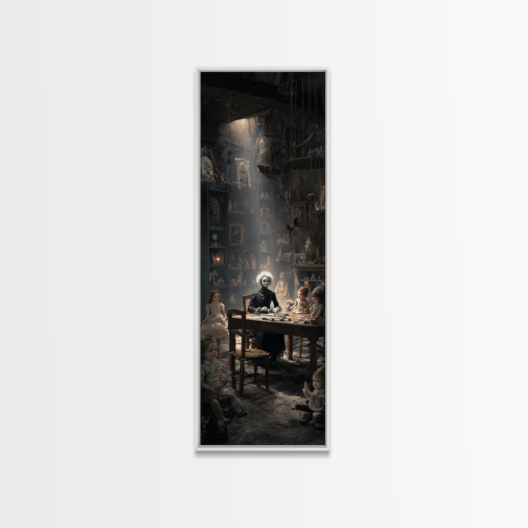 The Dollmaker Of Hollow Ward, Gothic Engraving Art, Tall Narrow Wall Art, Macabre Wall Art, Framed Canvas Print, Halloween Wall Art