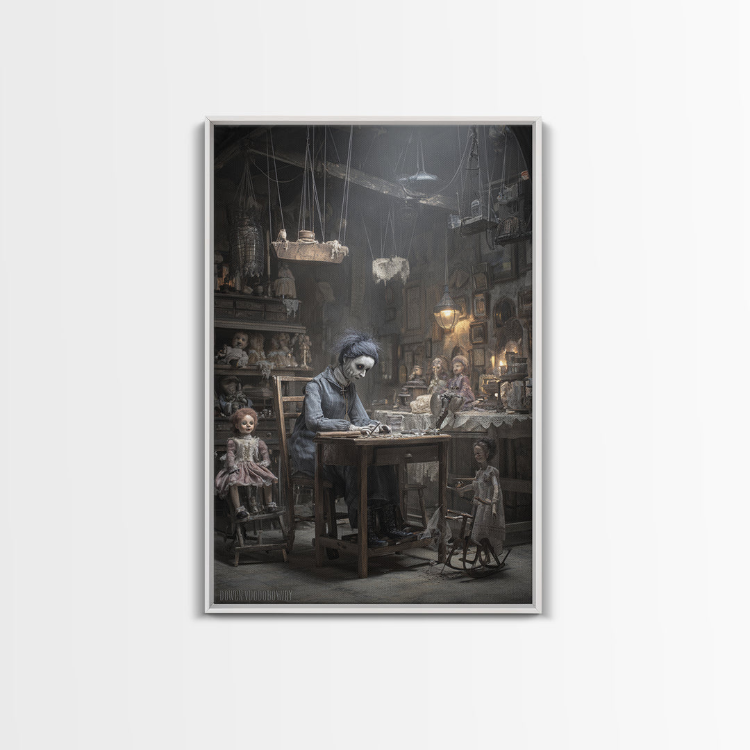 The Dollmaker Of Hollow Ward, Victorian Macabre Art, Vertical Wall Art, Macabre Wall Art, Canvas Print, Halloween Wall Art