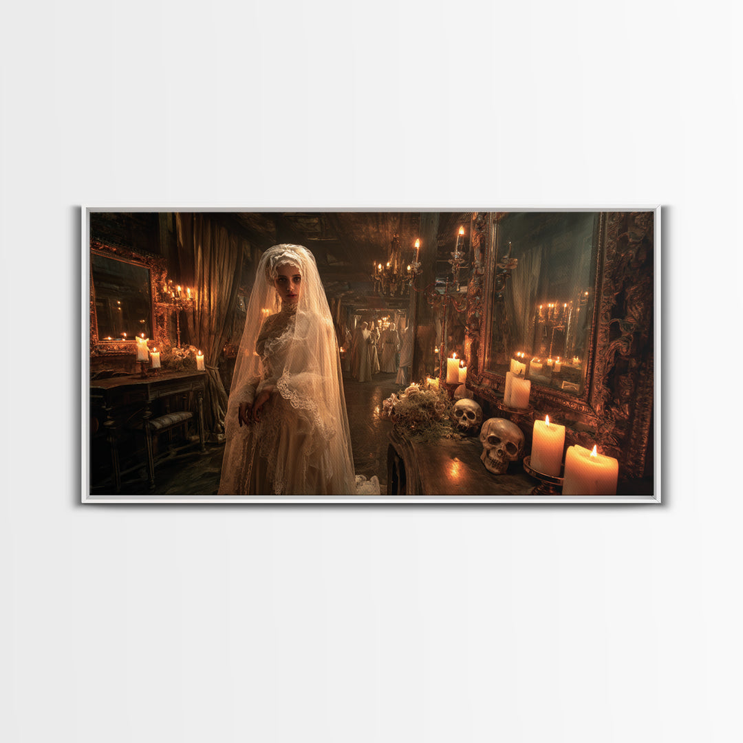 The Wax Bride Of Mourning Hall, Grotesque Carnival Art, Wide Panoramic Art, Gothic Horror Wall Art, Canvas Print, Halloween Wall Art