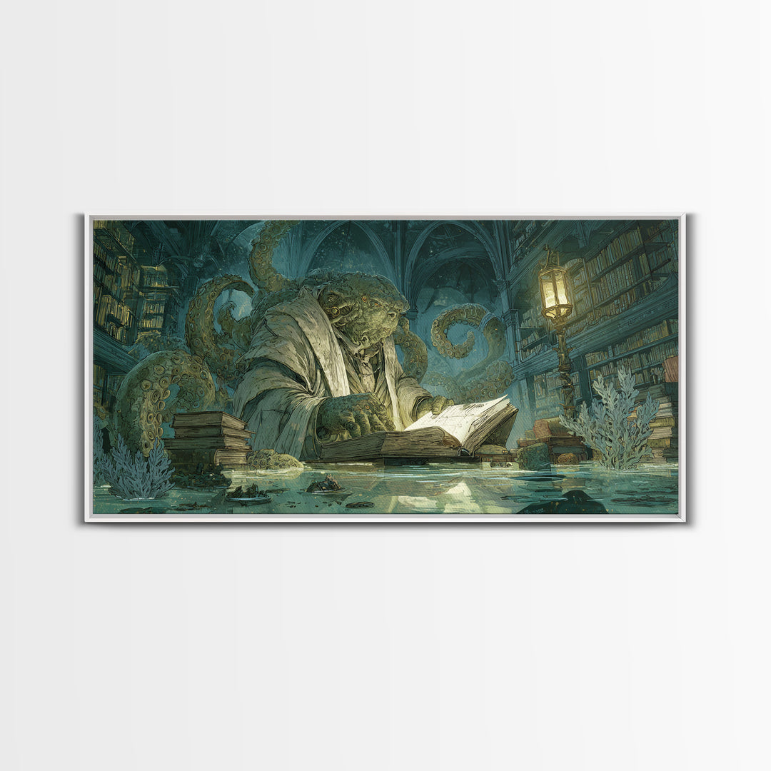 The Librarian Of Forbidden Tides, Expressionist Nightmare Art, Wide Panoramic Art, Macabre Wall Art, Canvas Print, Halloween Wall Art