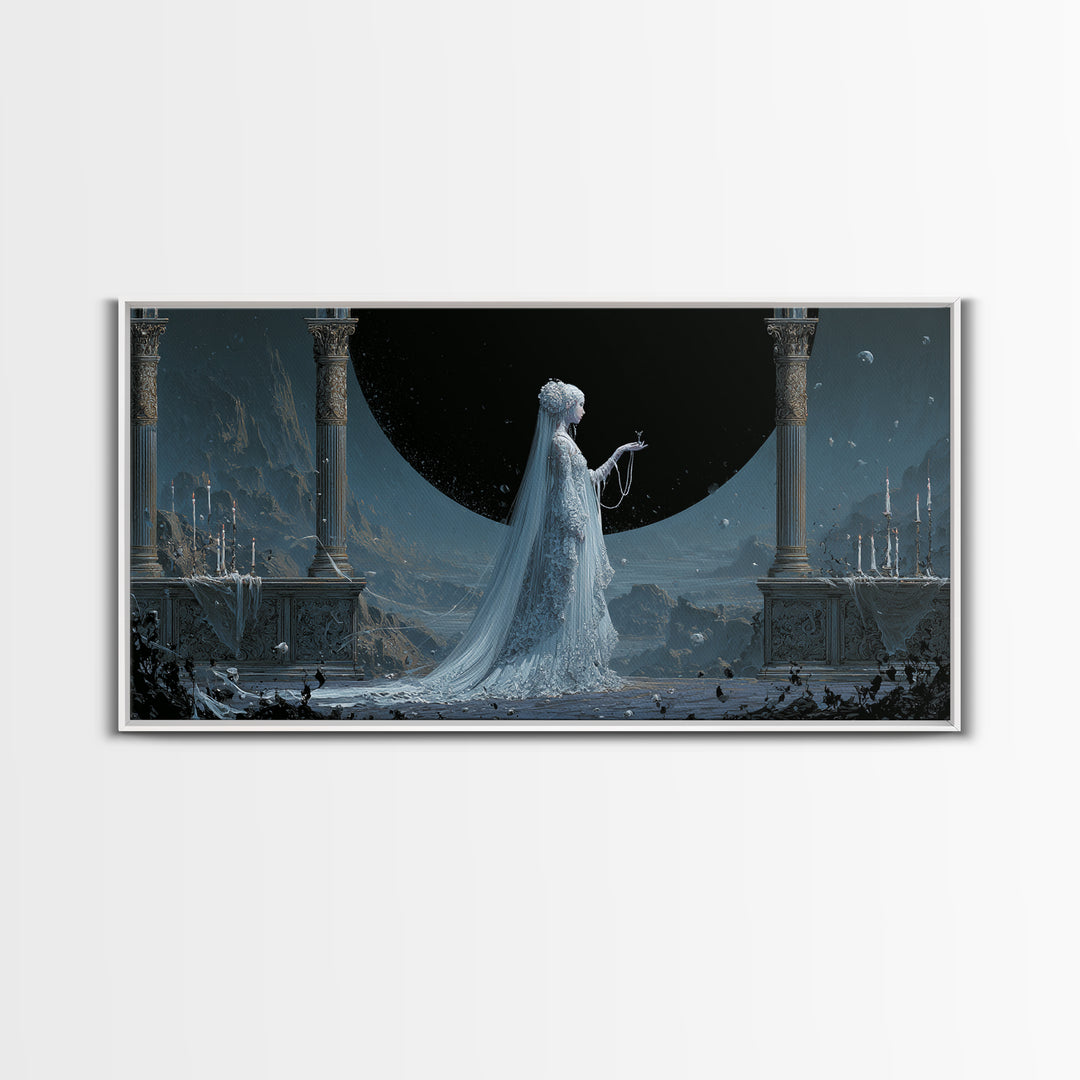 The Bride Of The Abyssal Moon, Apocalyptic Romantic Art, Wide Panoramic Art, Cosmic Horror Art, Canvas Print, Halloween Wall Art