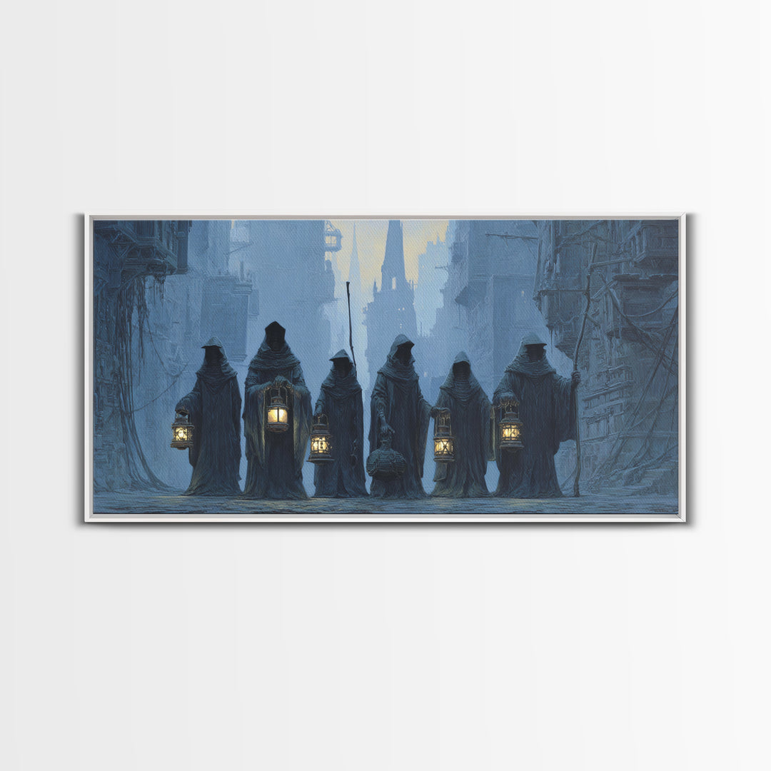 The Innsmouth Lantern Procession, Gothic Engraving Art, Wide Panoramic Art, Gothic Horror Wall Art, Canvas Print, Halloween Wall Art