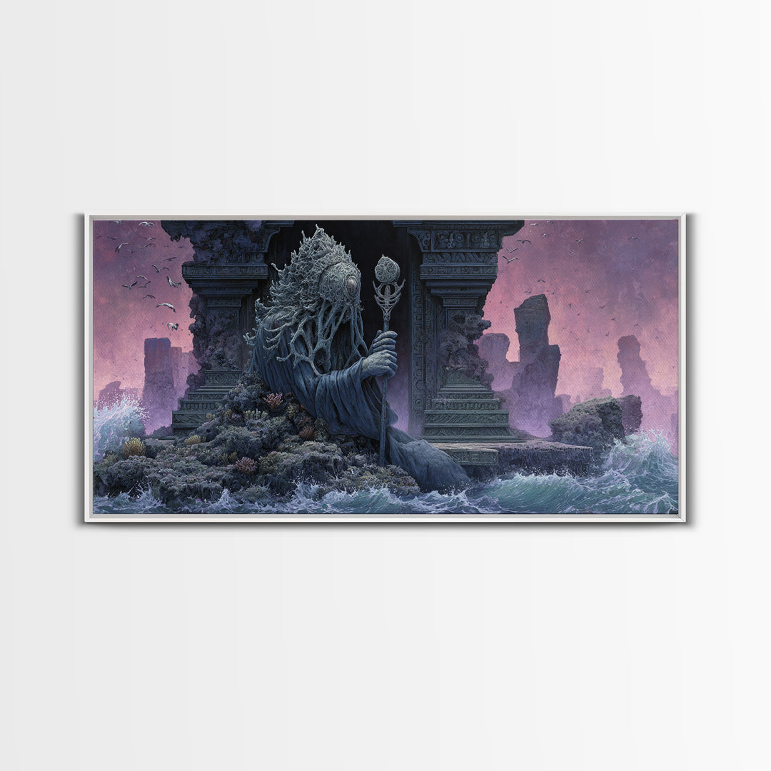 The Keeper Of The Black Reef Key, Symbolist Gothic Landscape, Wide Panoramic Art, Dark Fantasy Wall Art, Canvas Print, Halloween Wall Art