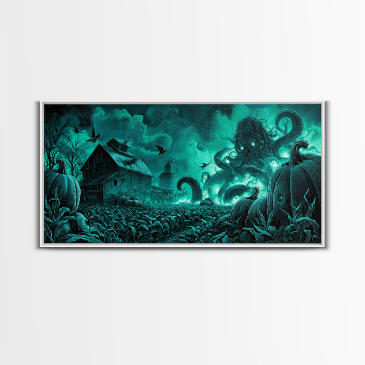 The Harvest Of The Eldritch Field, Biomechanical Horror Art, Wide Panoramic Art, Eldritch Wall Decor, Framed Canvas Print