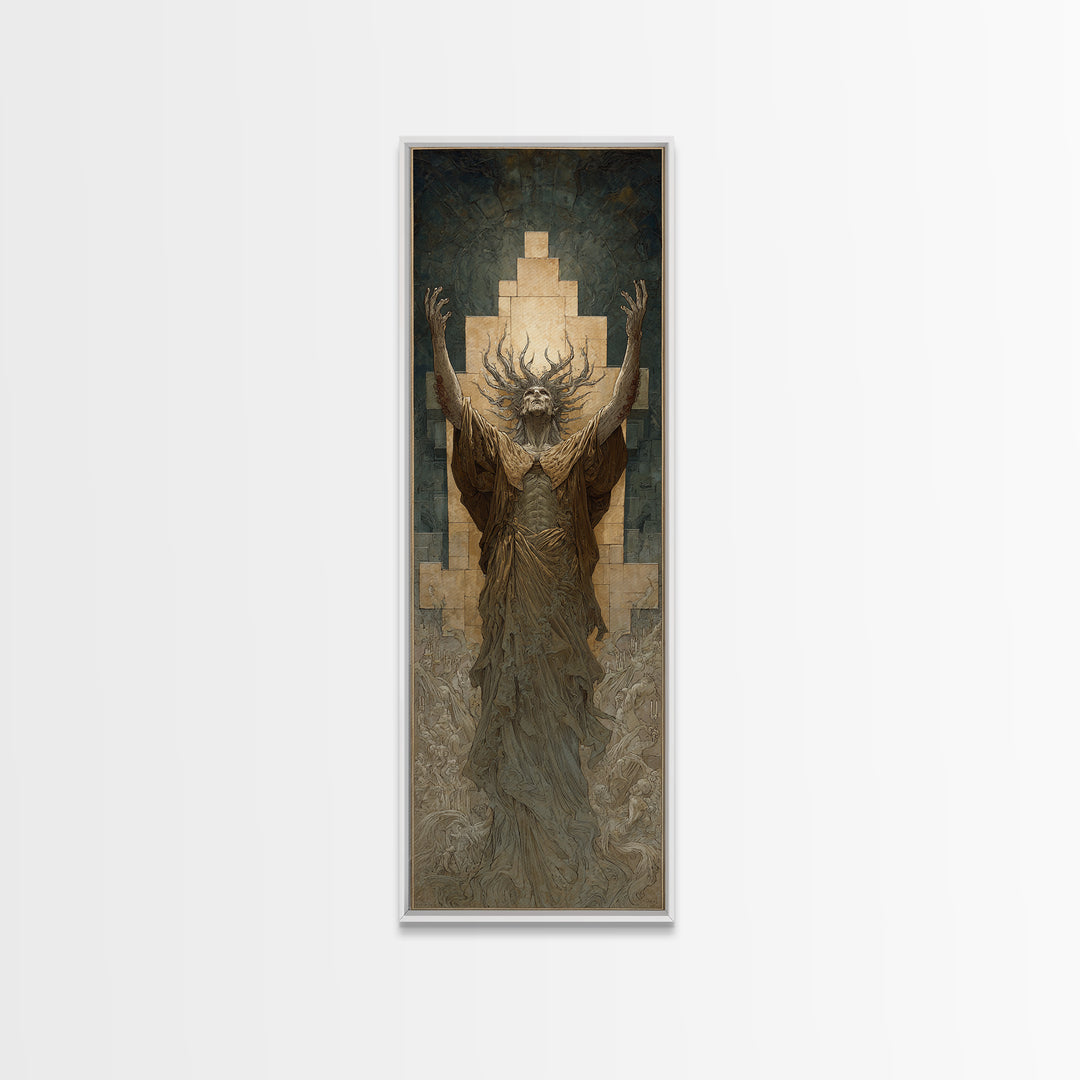 The Crown Of The Tentacled Saint, Gothic Engraving Art, Tall Narrow Wall Art, Eldritch Wall Decor, Framed Canvas Print