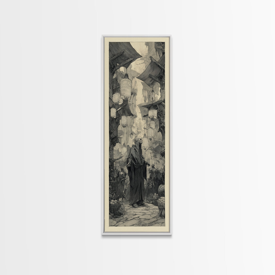 The Lantern Market Beyond The Veil, Expressionist Nightmare Art, Tall Narrow Wall Art, Dark Halloween Decor, Framed Canvas Print