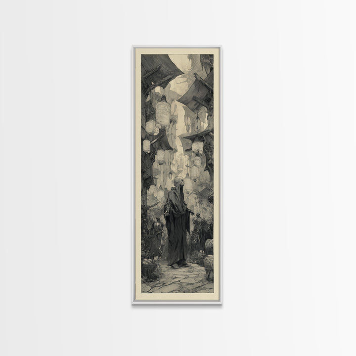 The Lantern Market Beyond The Veil, Expressionist Nightmare Art, Tall Narrow Wall Art, Dark Halloween Decor, Framed Canvas Print