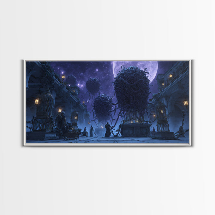 The Moonlit Shoggoth Menagerie, Apocalyptic Romantic Art, Wide Panoramic Art, Lovecraftian Horror Art, Framed Canvas Print, Horror Wall Art