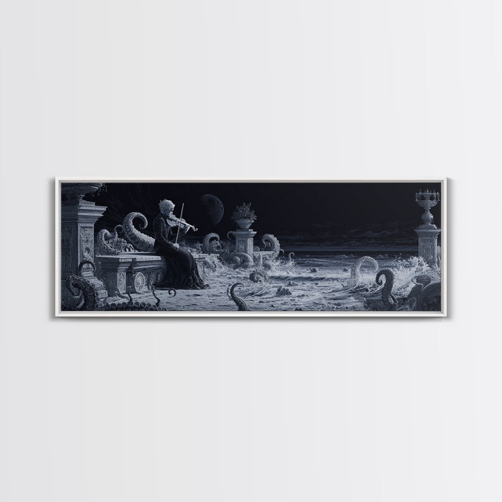 The Violinist Of The Drowned Moon, Biomechanical Horror Art, Extra Wide Wall Art, Cosmic Horror Art, Canvas Print, Halloween Wall Art