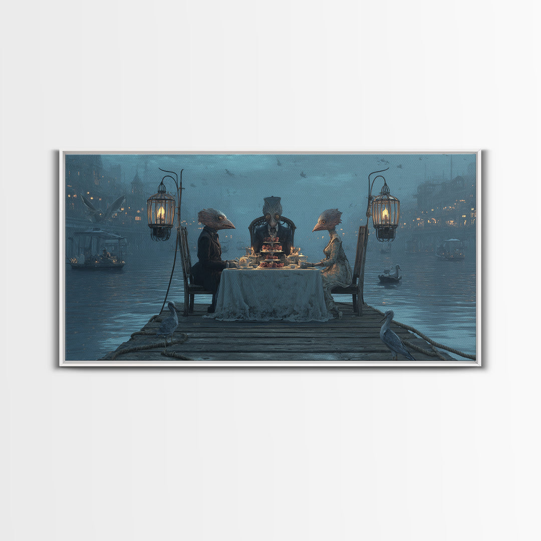 The Tea Party At Innsmouth Pier, Grotesque Carnival Art, Wide Panoramic Art, Dark Fantasy Wall Art, Canvas Print, Halloween Wall Art