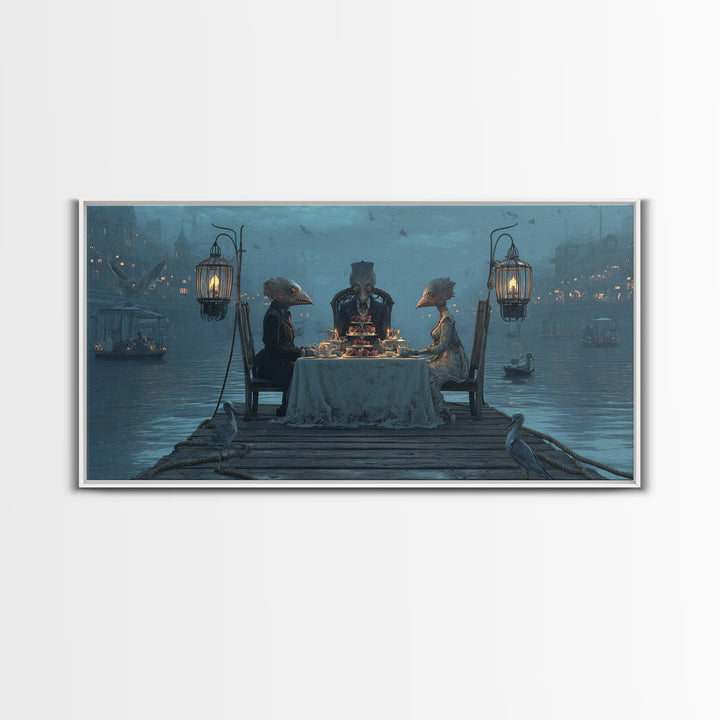 The Tea Party At Innsmouth Pier, Grotesque Carnival Art, Wide Panoramic Art, Dark Fantasy Wall Art, Canvas Print, Halloween Wall Art