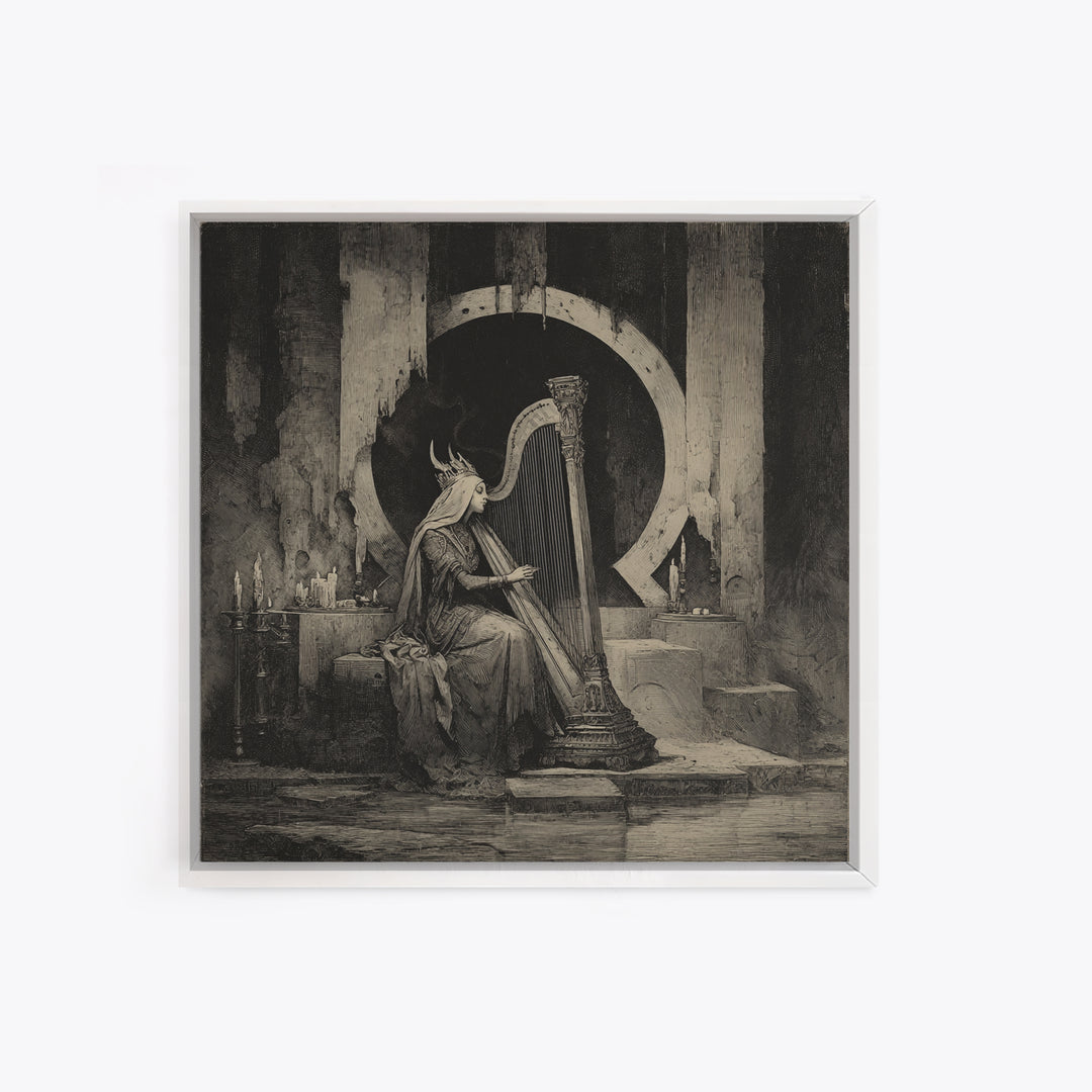 The Harpist Of Abyssal Sleep, Symbolist Dream Art, Square Wall Art, Dark Halloween Decor, Framed Canvas Print, Halloween Wall Art