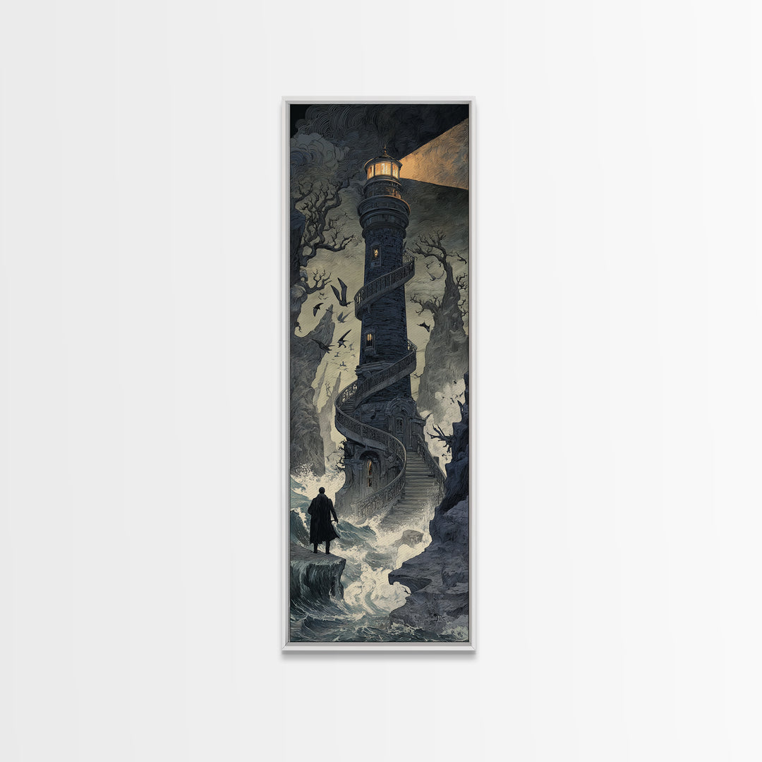 The Last Lighthouse Of Y’Ha-Nthlei, Symbolist Gothic Landscape, Tall Narrow Wall Art, Cosmic Horror Art, Canvas Print, Halloween Wall Art
