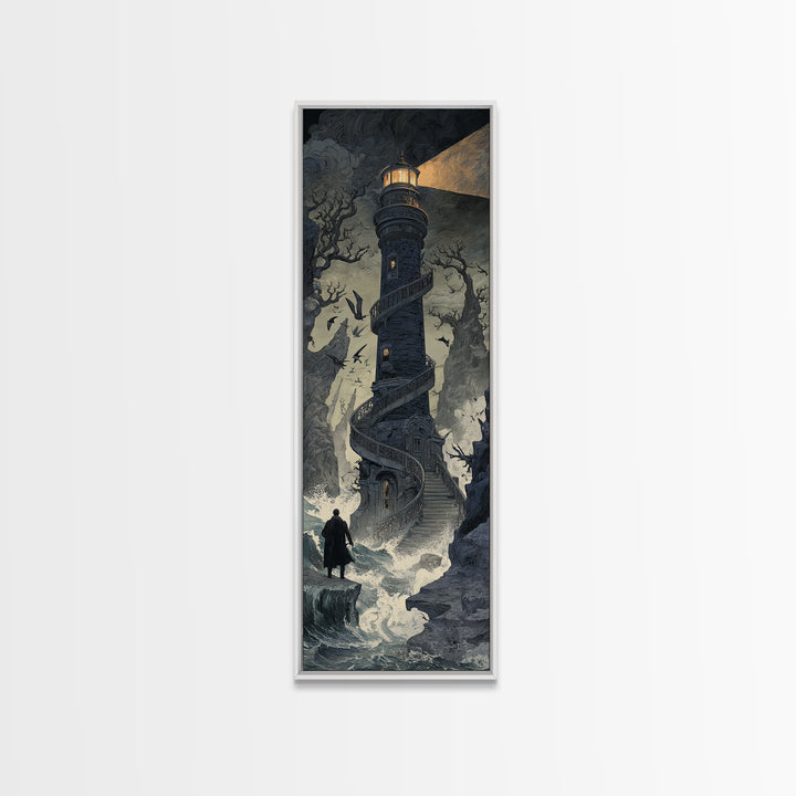 The Last Lighthouse Of Y’Ha-Nthlei, Symbolist Gothic Landscape, Tall Narrow Wall Art, Cosmic Horror Art, Canvas Print, Halloween Wall Art