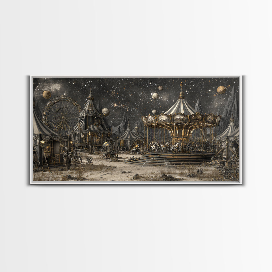 The Carousel Of Sleeping Planets, Apocalyptic Romantic Art, Wide Panoramic Art, Dark Halloween Decor, Framed Canvas Print