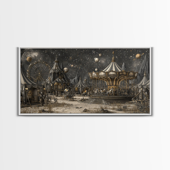 The Carousel Of Sleeping Planets, Apocalyptic Romantic Art, Wide Panoramic Art, Dark Halloween Decor, Framed Canvas Print