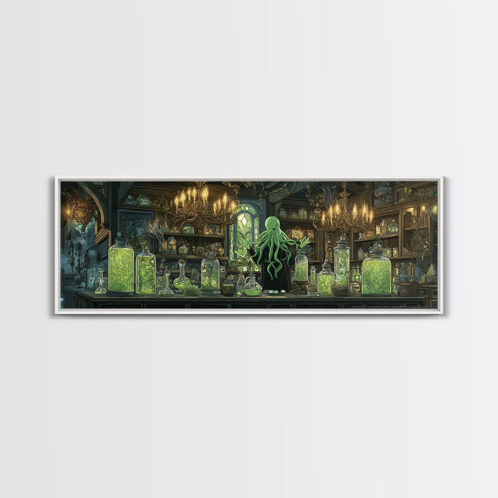The Apothecary Of Black Seashell Dreams, Gothic Storybook Art, Extra Wide Wall Art, Eldritch Wall Decor, Framed Canvas Print