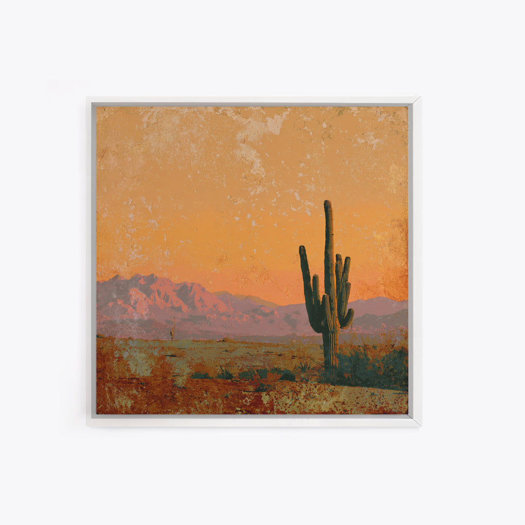 Saguaro Cactus under Orange Sunset Sky Framed Canvas Print, Desert Art, Textured Painting, Southwestern Decor, Fine Art, Desert, DES-1x1-1
