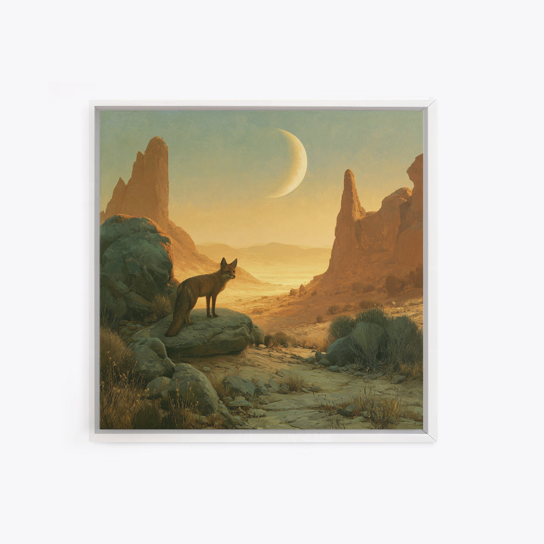 Desert Fox Beneath a Crescent Moon Canvas Print, Desert Art, Luxury Decor, Southwestern Decor, Fine Art, Desert, DES-1x1-17