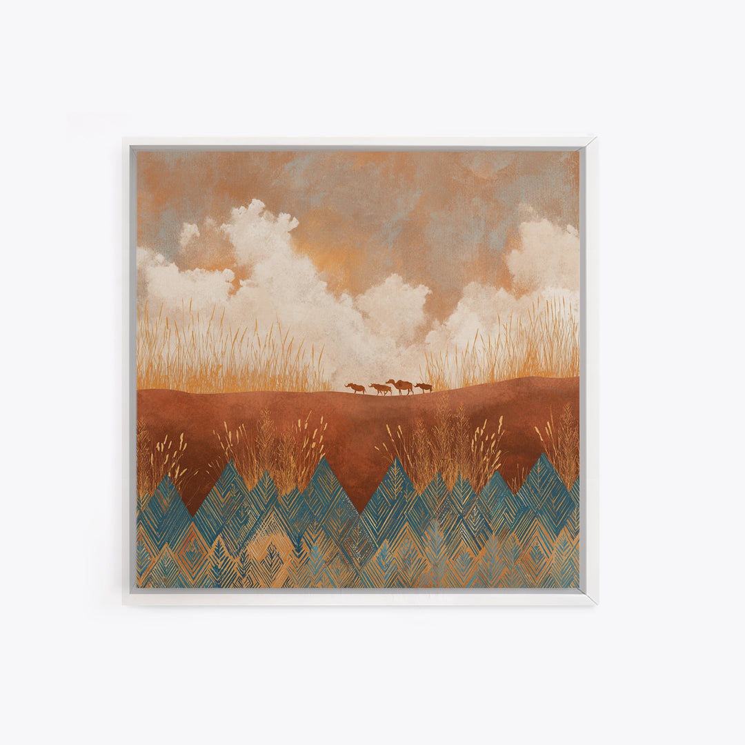 Saharan Dunes with Tiny Caravan Silhouettes Framed Canvas Print, Desert Art, Colorful Wall Art, Southwestern Decor, DES-1x1-2