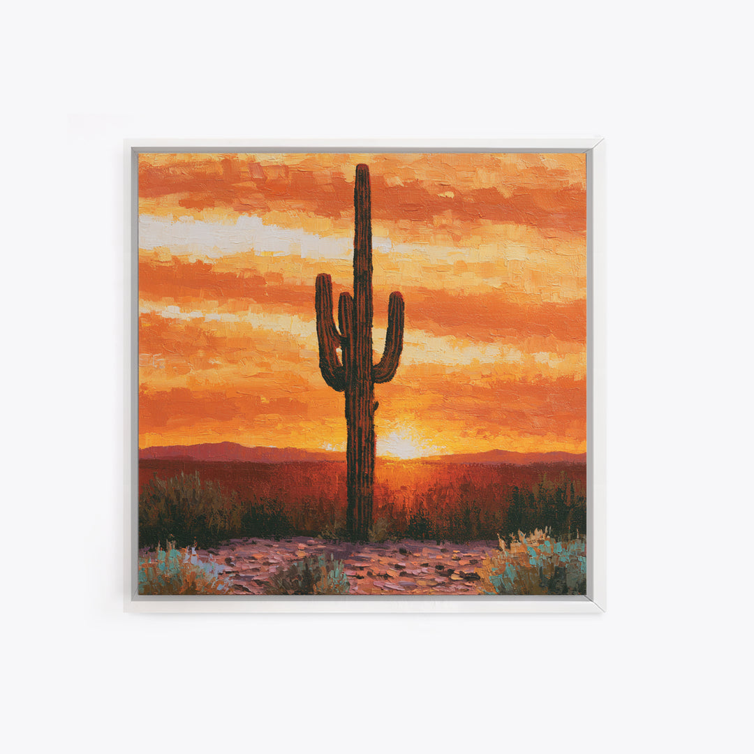Saguaro Cactus under Orange Sunset Sky Canvas Print, Desert Art, Wall Decor, Southwestern Decor, Desert, Living Room Decor, DES-1x1-25