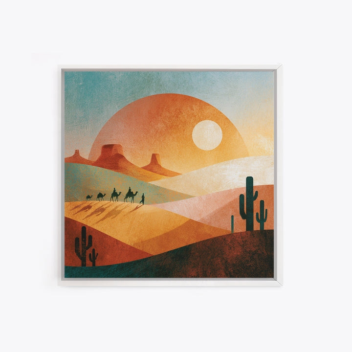 Saharan Dunes with Tiny Caravan Silhouettes Canvas Print, Desert Art, Neutral Decor, Southwestern Decor, Fine Art, Desert, DES-1x1-26