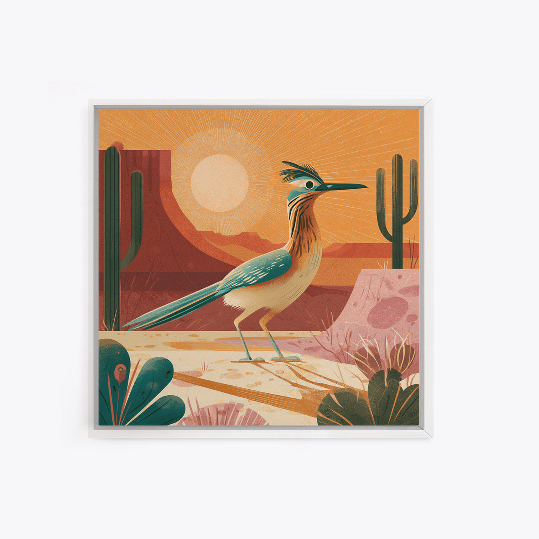 Roadrunner Bird in a Dry Wash Framed Canvas Print, Desert Art, Statement Artwork, Southwestern Decor, Fine Art, Desert, DES-1x1-38