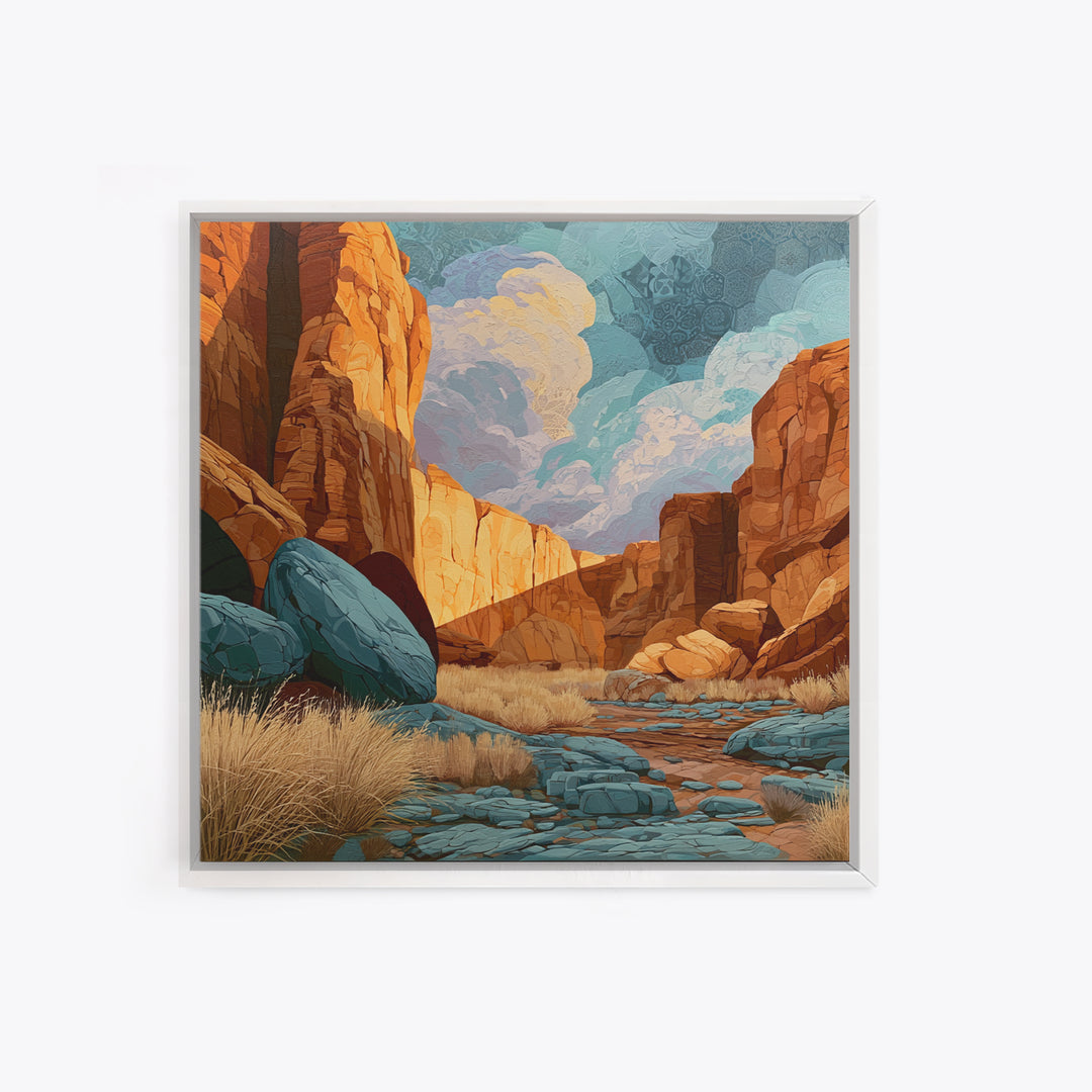 Sandstone Canyon with Dramatic Light Beam Framed Canvas Print, Desert Art, Textured Painting, Southwestern Decor, Desert, DES-1x1-40