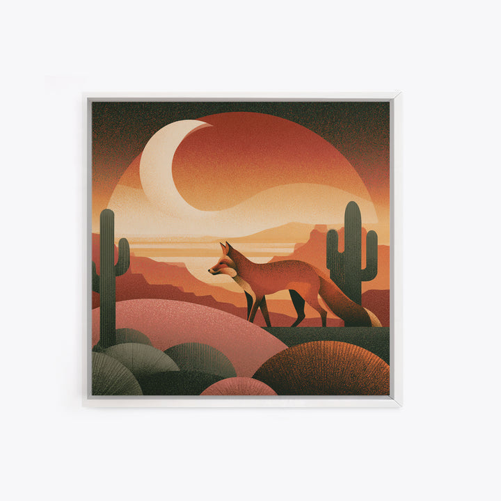 Desert Fox Beneath a Crescent Moon Framed Canvas Print, Desert Art, Wall Art, Southwestern Decor, Oil Painting, Desert, DES-1x1-41