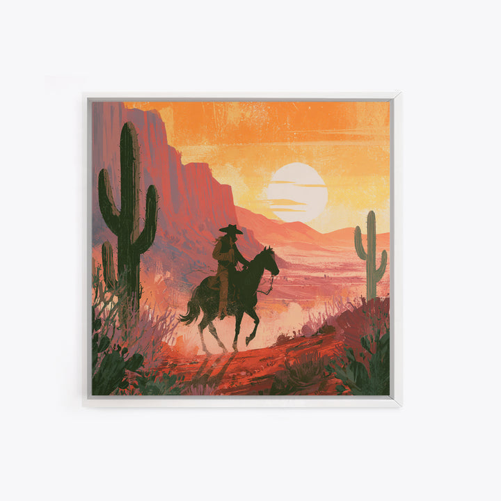 Dusty Horseback Rider at Sunset Framed Canvas Print, Desert Art, Modern Wall Art, Southwestern Decor, Fine Art, Desert, DES-1x1-47