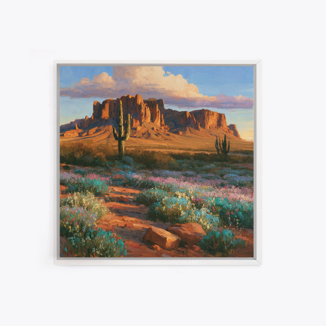 Desert Wildflowers After Spring Rain Framed Canvas Print, Desert Art, Modern Wall Art, Southwestern Decor, Watercolor Art, DES-1x1-52