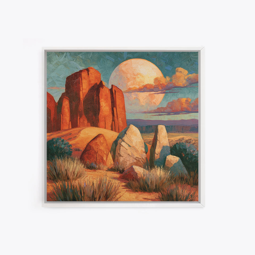 Desert Moon over Rolling Sand Framed Canvas Print, Desert Art, Fine Art Print, Southwestern Decor, Watercolor Art, Desert, DES-1x1-58