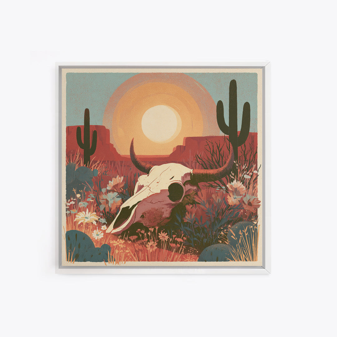 Sun Bleached Skull and Desert Flowers Canvas Print, Desert Art, Western Decor, Southwestern Decor, Desert, Modern Decor, DES-1x1-60