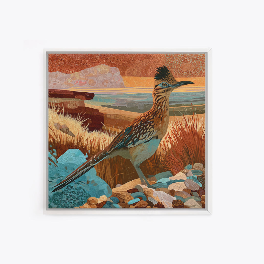 Roadrunner Bird in a Dry Wash Framed Canvas Print, Desert Art, Statement Artwork, Southwestern Decor, Fine Art, Desert, DES-1x1-62