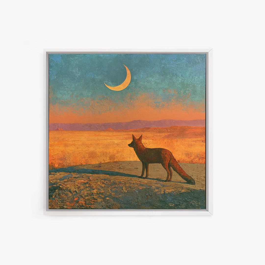 Desert Fox Beneath a Crescent Moon Framed Canvas Print, Desert Art, Wall Art, Southwestern Decor, Oil Painting, Desert, DES-1x1-65