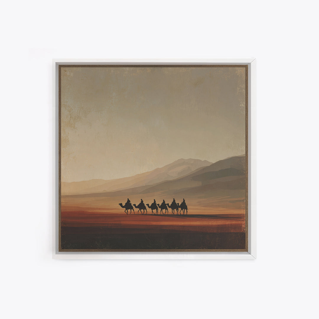 Camel Caravan Crossing Golden Dunes Framed Canvas Print, Desert Art, Living Room Decor, Southwestern Decor, Oil Painting, DES-1x1-7
